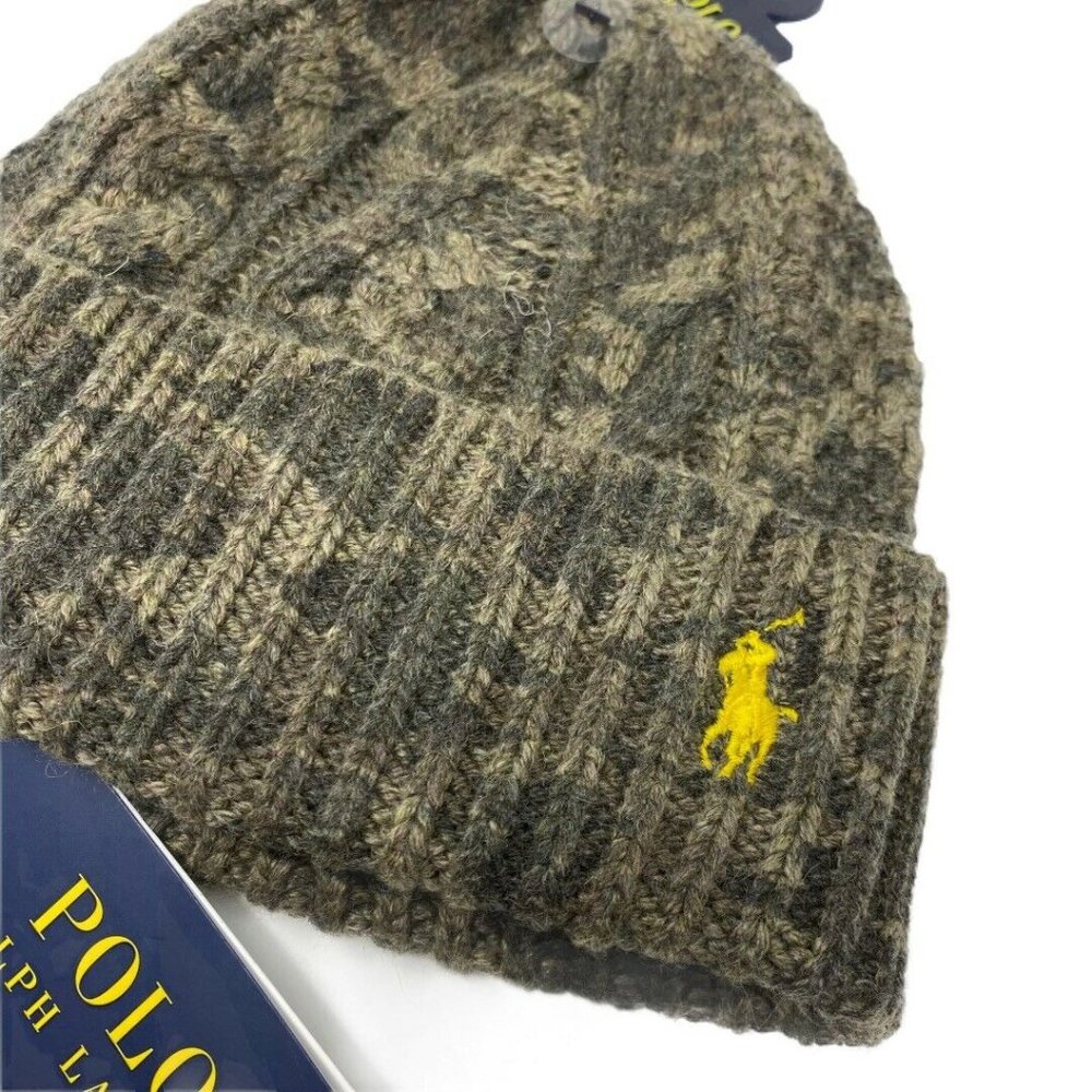 POLO RALPH LAUREN Camouflage Cable Knit Camo Beanie Hat Olive Green - Picture 8 of 12
